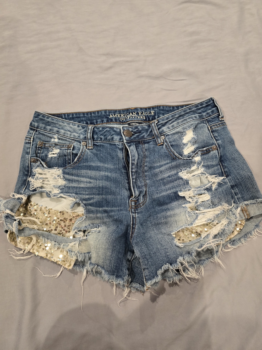 American Eagle Outfitters Distressed Sequined Denim Shorts - Light Blue